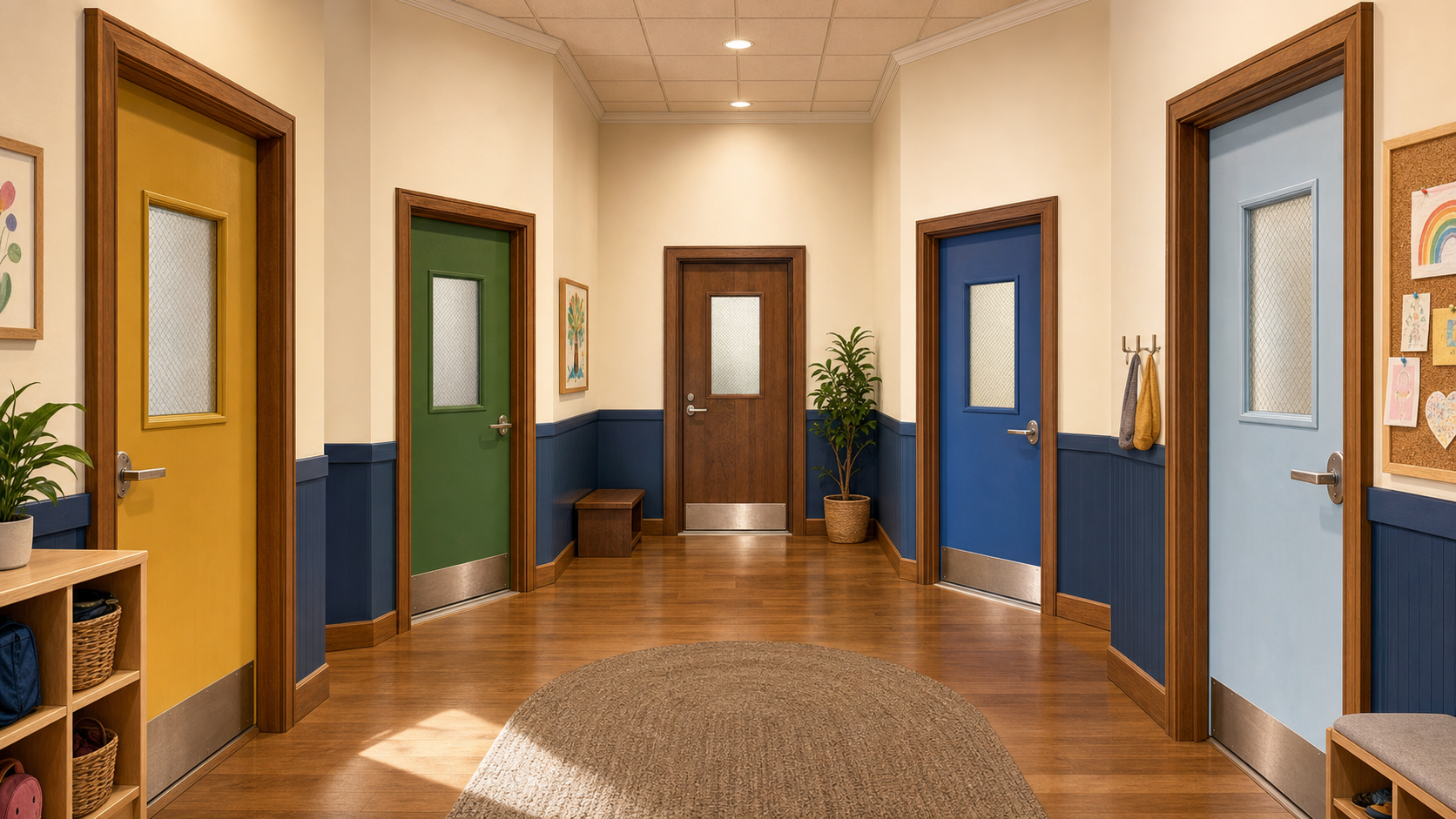 A warm early-learning hallway with five colorful classroom doors