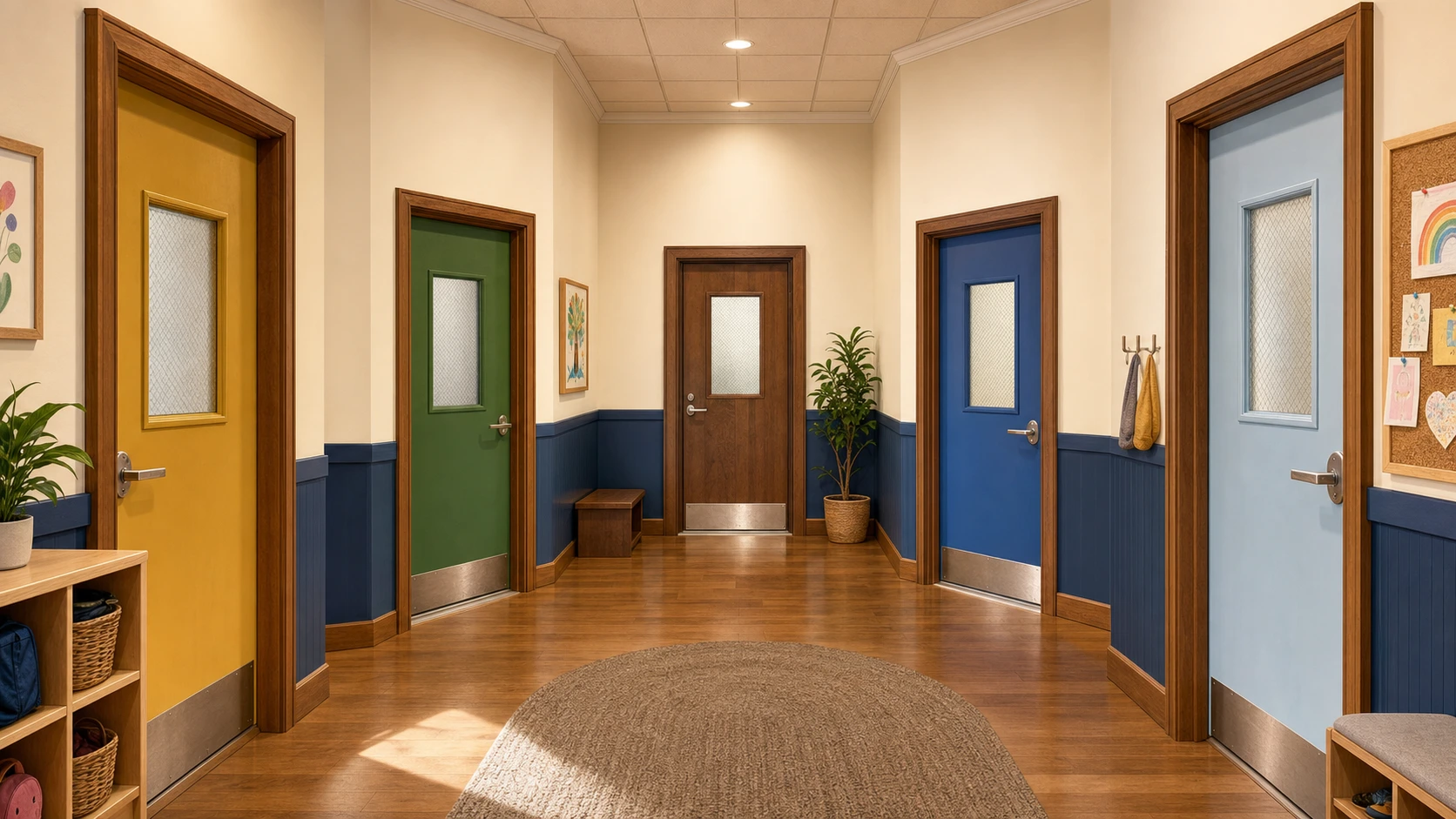 An illustrated school hallway with warm wood floors and five colorful doors